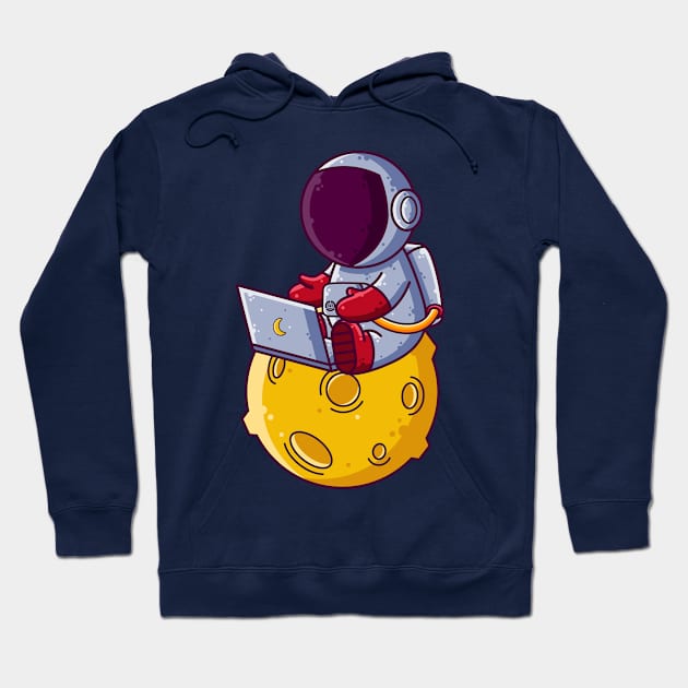 Cute Astronaut Working with Laptop on Moon Cartoon Hoodie by Ardhsells